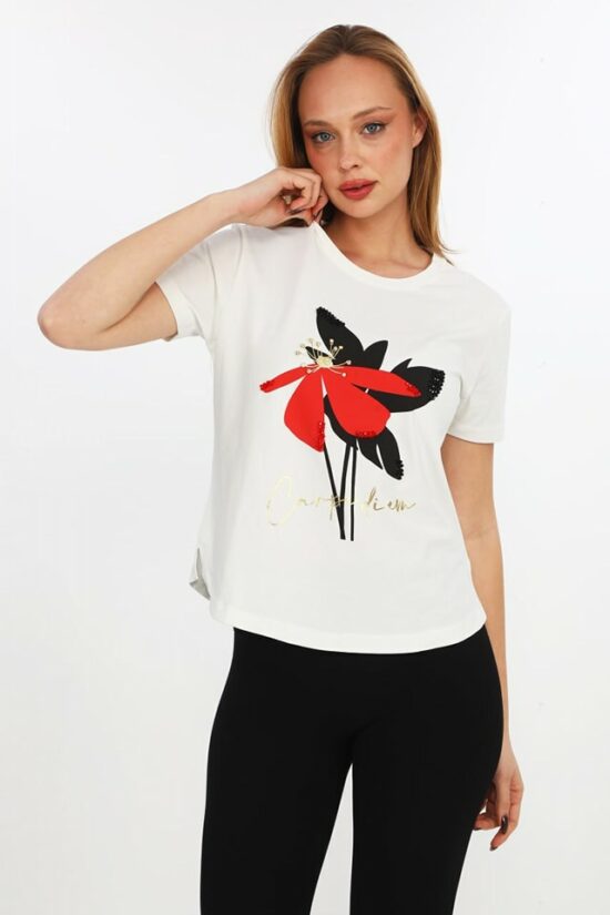 T-shirt με τύπωμα, στρας και χάντρες