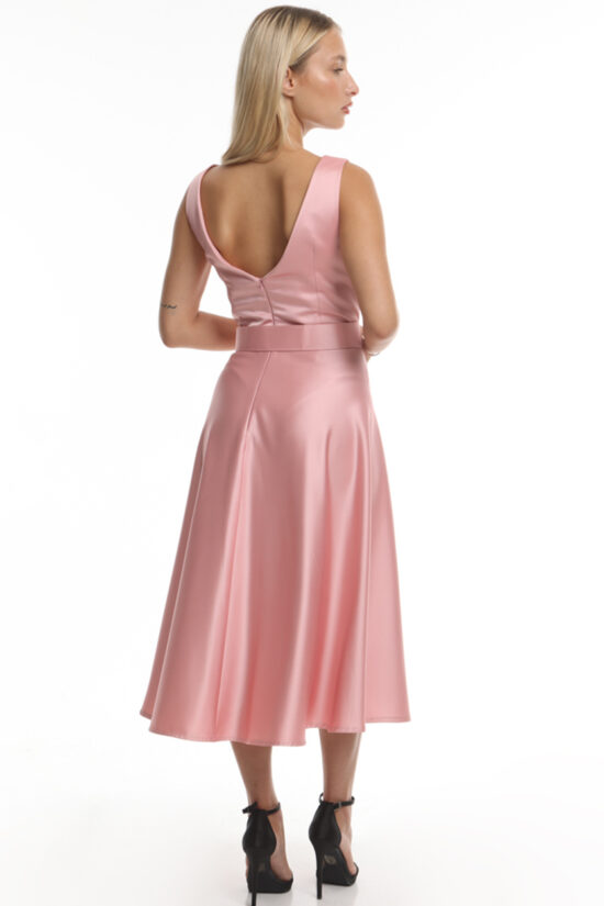 Open Fashion φόρεμα σατέν μονόχρωμο midi με ζώνη και φιόγκο στον ώμο