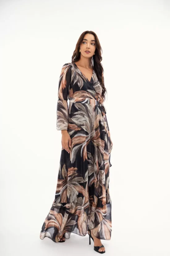 Open Fashion φόρεμα maxi κρουαζέ με ιδιαίτερα σχέδια και μανίκι καμπάνα