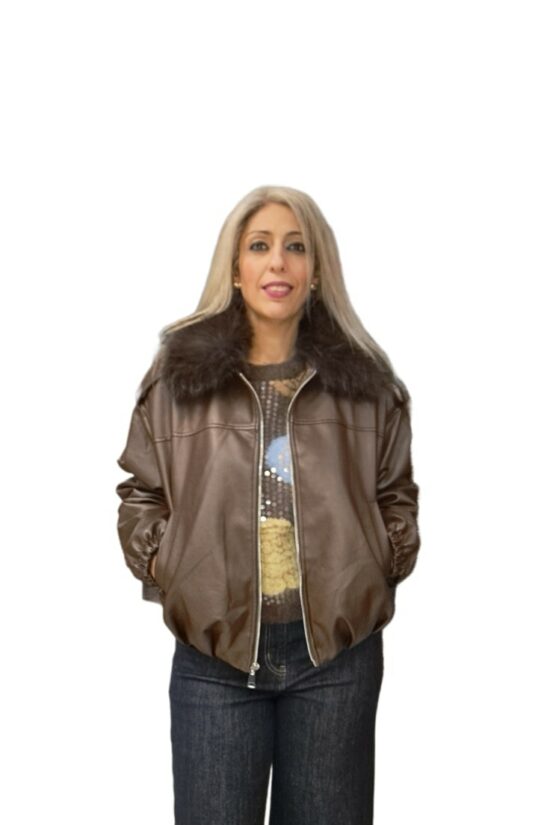 Μπουφάν δερματίνη με γούνα στο γιακά