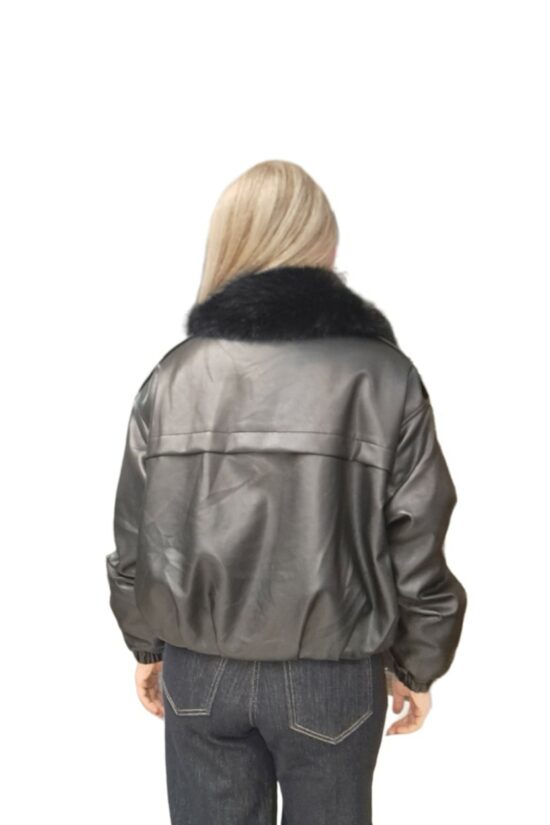 Alternative view of Μπουφάν δερματίνη με γούνα στο γιακά