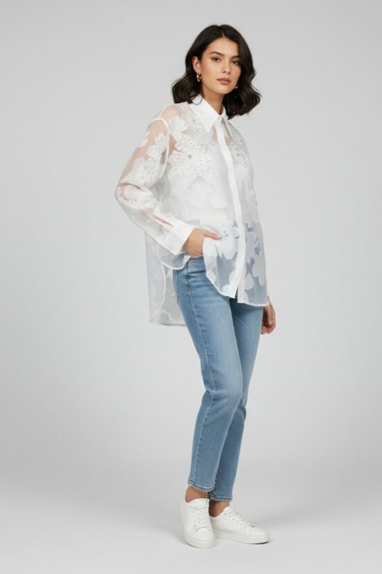 Πουκάμισο oversized με απλικέ λουλούδια