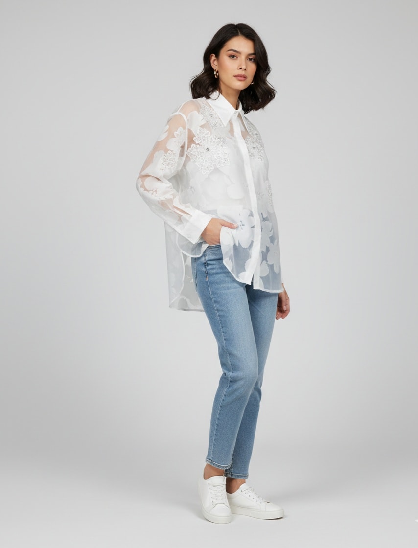 Πουκάμισο oversized με απλικέ λουλούδια