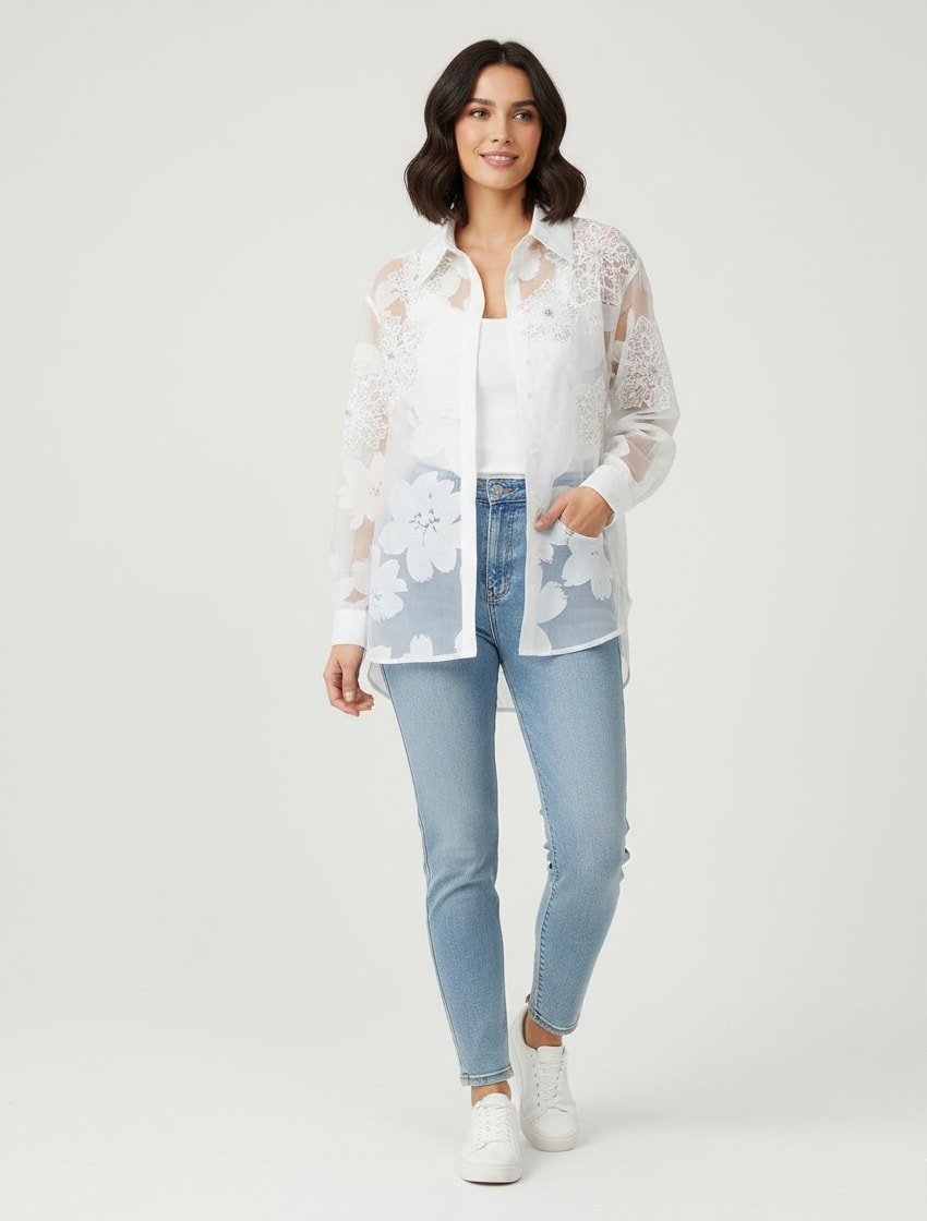 Πουκάμισο oversized με απλικέ λουλούδια