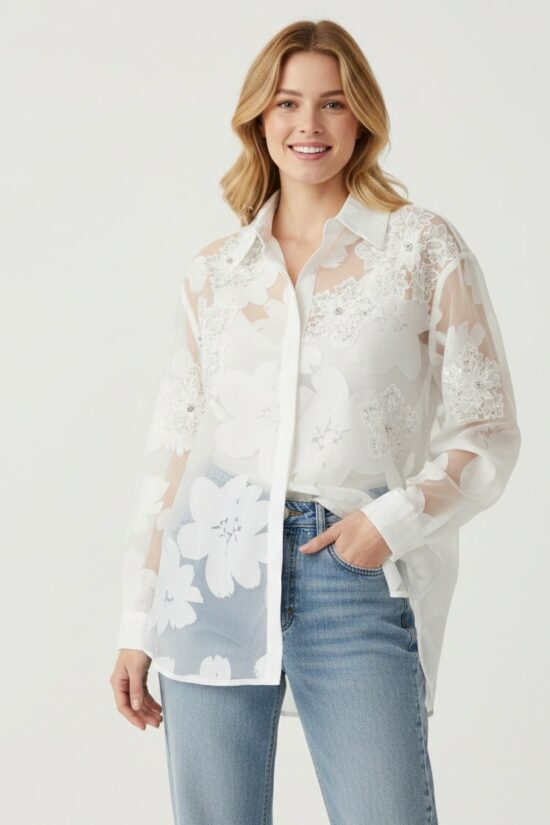 Πουκάμισο oversized με απλικέ λουλούδια