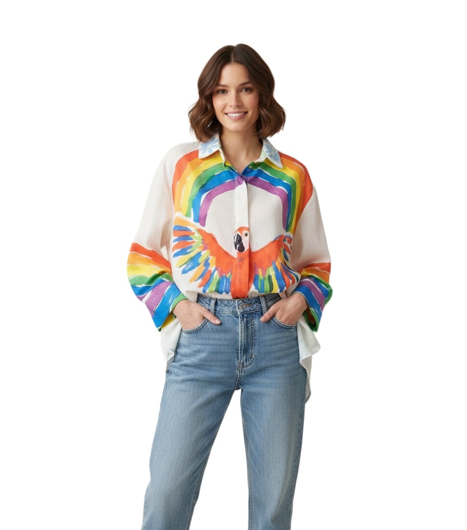 Πουκάμισο oversized rainbow & parrot