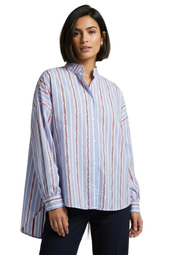 Πουκάμισο oversized ριγέ με floral λεπτομέρειες