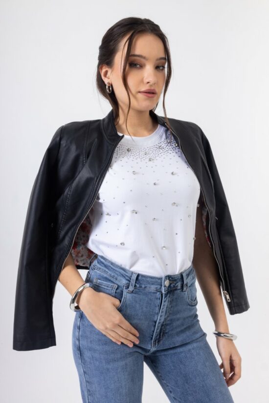 Open Fashion κοντό μπουφάν δερματίνη με φερμουάρ