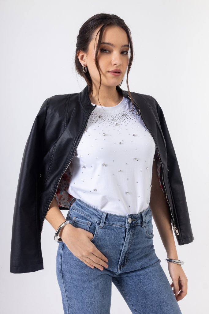 Open Fashion κοντό μπουφάν δερματίνη με φερμουάρ