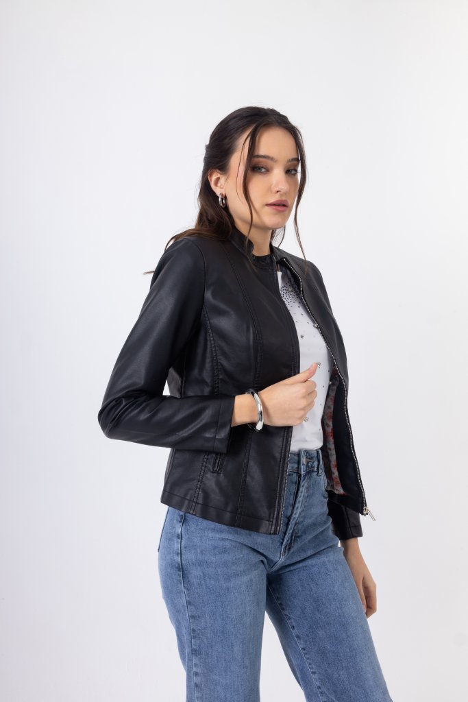 Open Fashion κοντό μπουφάν δερματίνη με φερμουάρ