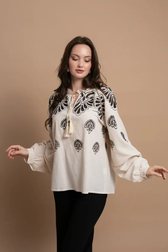 Open Fashion πουκαμίσα με έθνικ κέντημα & κορδόνι στο λαιμό