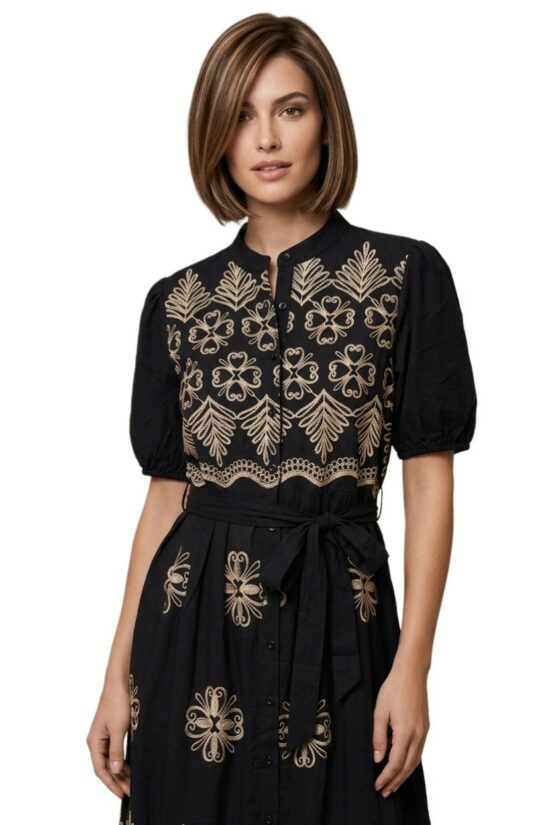 Φόρεμα midi chemisier με χρυσό κέντημα