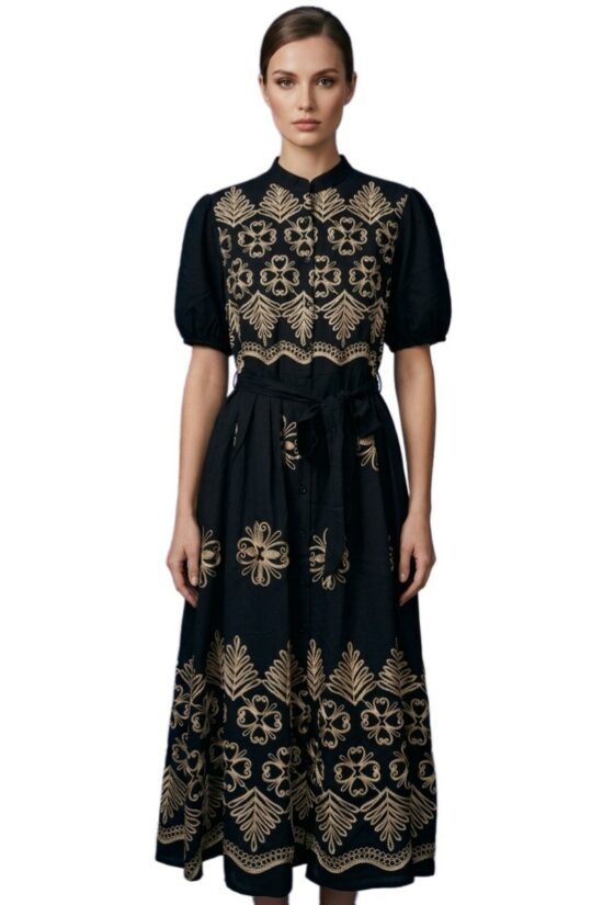 Φόρεμα midi chemisier με χρυσό κέντημα