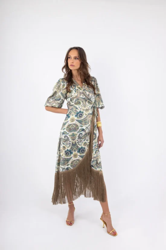 Open Fashion φόρεμα maxi κρουαζέ με paisley σχέδιο, κρόσσια & λαχούρια