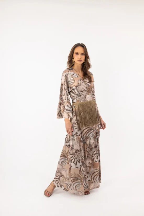 Open Fashion φόρεμα maxi τύπωμα κοχύλια και ζώνη με κρόσσια