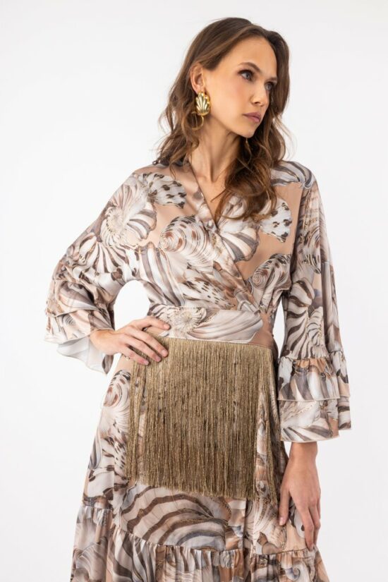 Open Fashion φόρεμα maxi τύπωμα κοχύλια και ζώνη με κρόσσια