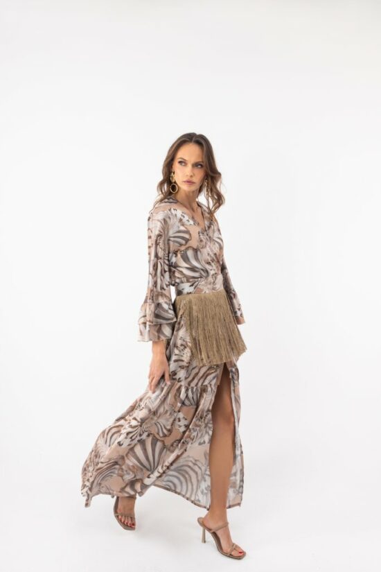 Open Fashion φόρεμα maxi τύπωμα κοχύλια και ζώνη με κρόσσια