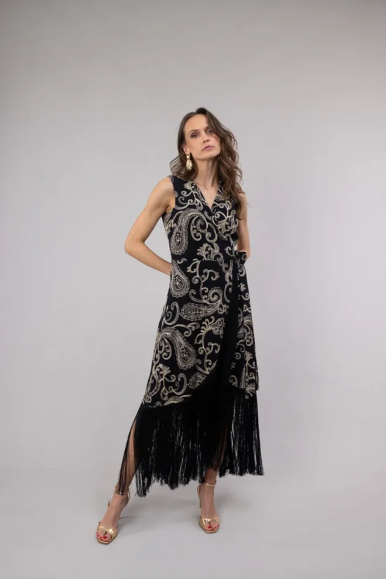 Open Fashion φόρεμα midi με χρυσά λαχούρια & κρόσσια