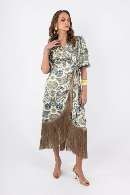 Open Fashion φόρεμα maxi κρουαζέ με paisley σχέδιο, κρόσσια & λαχούρια