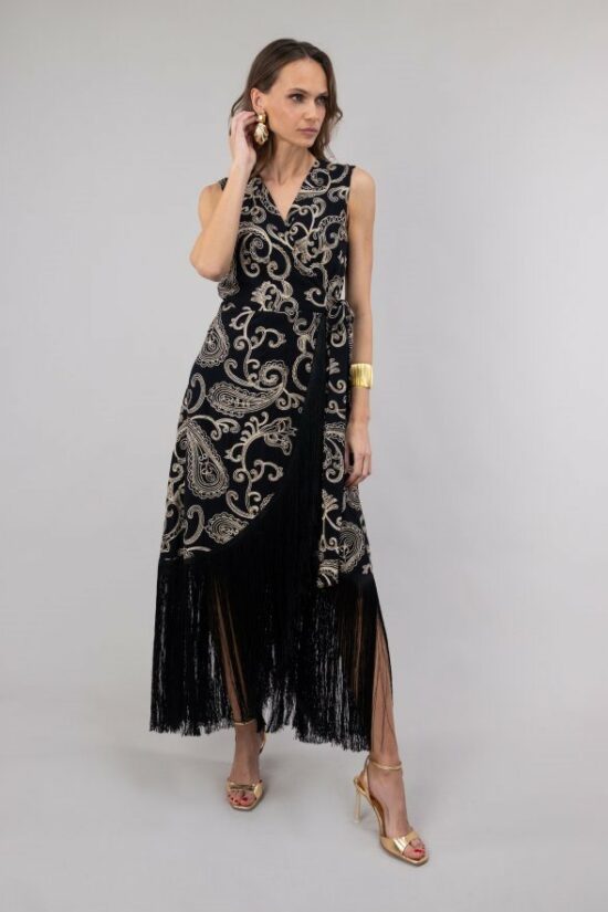Open Fashion φόρεμα midi με χρυσά λαχούρια & κρόσσια