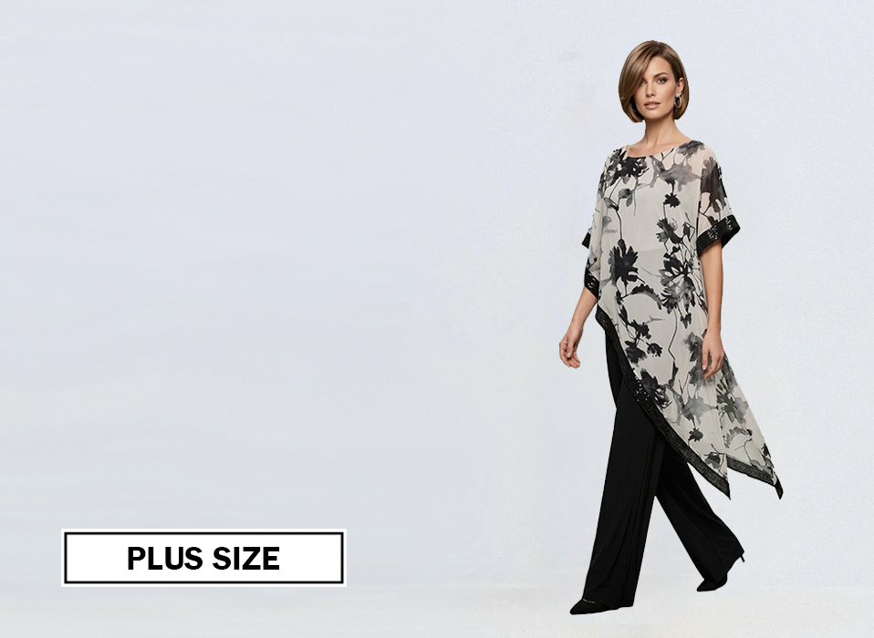 Plus size fashion photo model wears a light grey floral tunic with black pants PLUS SIZE banner in bottom left