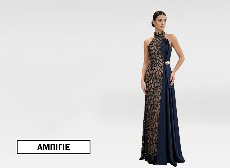 Promotional image of a model in a navy evening gown with black lace overlay high neck gold belt buckle against a light background AMITIE brand
